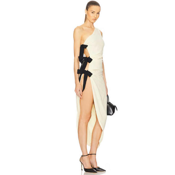 Helsa The Seline Dress butter yellow asymmetrical open-sided bow-tie XS NWT $369 - Picture 6 of 14